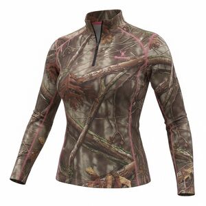 Women’s Medium Huntworth Pink-Trim Camo 1/4 Zip Performance Top
